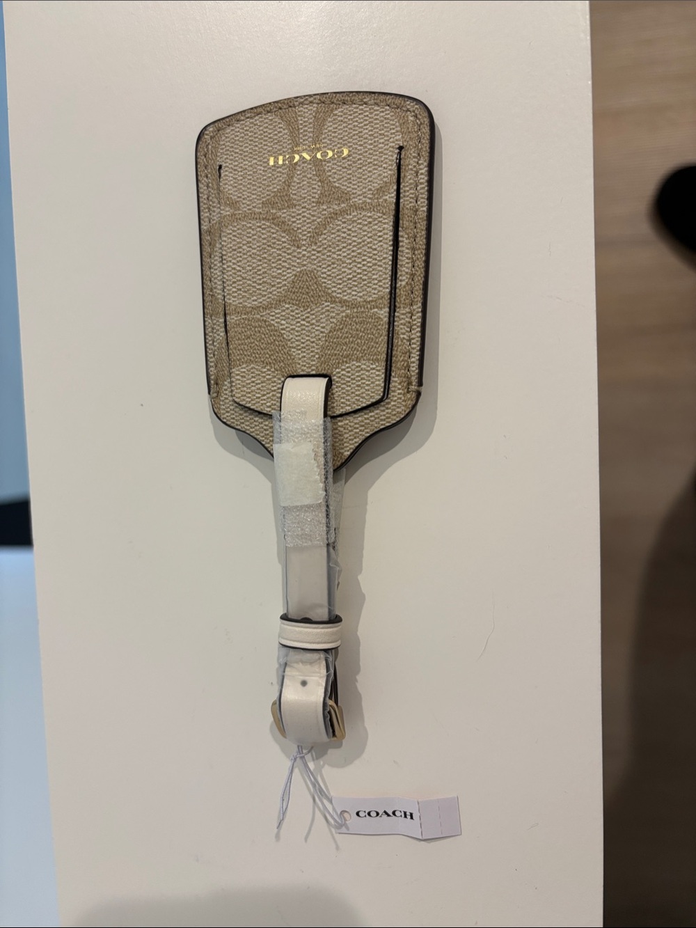 NEW w/ Tag Coach Beige Signature Luggage Tag with White Strap and Gold Hardware